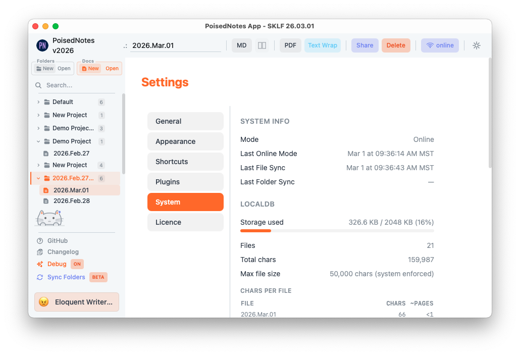 PoisedNotes settings